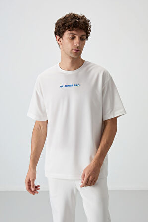 Ekru Pamuklu Kalın Yüzeyi Dokulu Oversize Fit  Baskılı Erkek T-Shirt - 88364