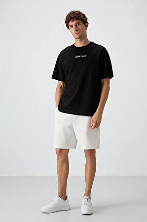 Siyah Pamuklu Kalın Yüzeyi Dokulu Oversize Fit  Baskılı Erkek T-Shirt - 88372