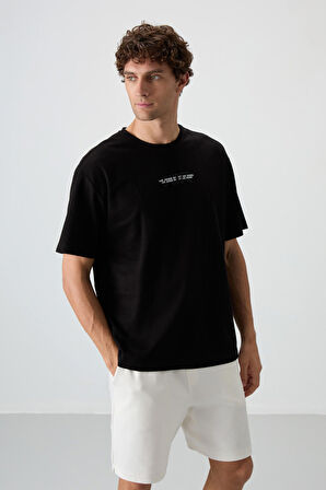 Siyah Pamuklu Kalın Yüzeyi Dokulu Oversize Fit  Baskılı Erkek T-Shirt - 88372