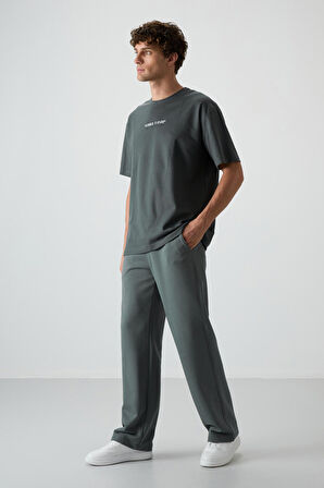 Haki Pamuklu Kalın Yüzeyi Dokulu Oversize Fit  Baskılı Erkek T-Shirt - 88372