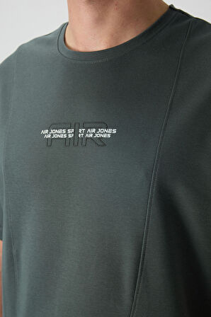 Haki Pamuklu Kalın Yüzeyi Dokulu Oversize Fit  Baskılı Erkek T-Shirt - 88372