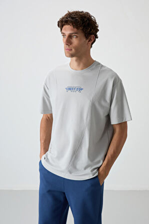 Taş Pamuklu Kalın Yüzeyi Dokulu Oversize Fit  Baskılı Erkek T-Shirt - 88372