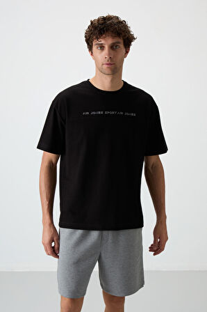 Siyah Pamuklu Kalın Yüzeyi Dokulu Oversize Fit  Baskılı Erkek T-Shirt - 88371 | M