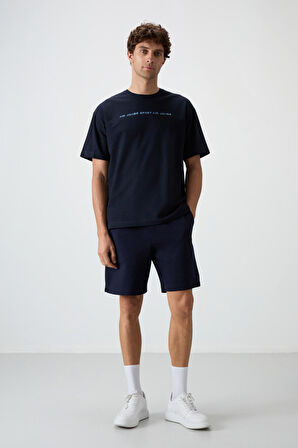 Lacivert Pamuklu Kalın Yüzeyi Dokulu Oversize Fit  Baskılı Erkek T-Shirt - 88371
