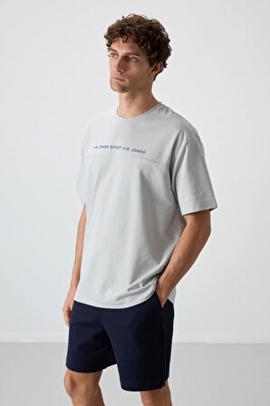 Taş Pamuklu Kalın Yüzeyi Dokulu Oversize Fit  Baskılı Erkek T-Shirt - 88371