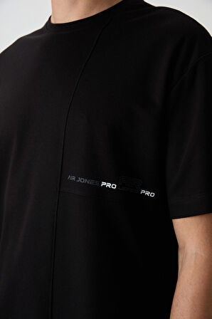 Siyah Pamuklu Kalın Yüzeyi Dokulu Oversize Fit  Baskılı Erkek T-Shirt - 88370