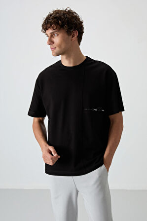 Siyah Pamuklu Kalın Yüzeyi Dokulu Oversize Fit  Baskılı Erkek T-Shirt - 88370