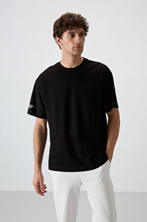 Siyah Pamuklu Kalın Yüzeyi Dokulu Oversize Fit  Baskılı Erkek T-Shirt - 88369