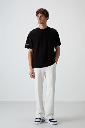 Siyah Pamuklu Kalın Yüzeyi Dokulu Oversize Fit  Baskılı Erkek T-Shirt - 88369