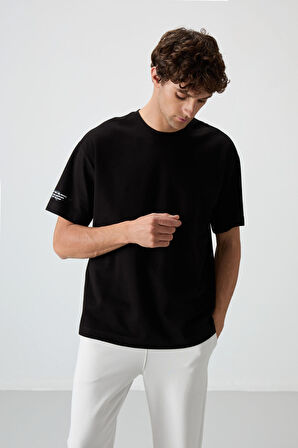 Siyah Pamuklu Kalın Yüzeyi Dokulu Oversize Fit  Baskılı Erkek T-Shirt - 88369