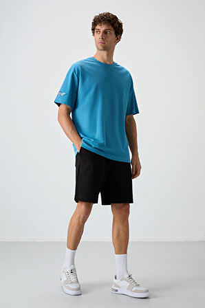 Petrol Mavi Pamuklu Kalın Yüzeyi Dokulu Oversize Fit  Baskılı Erkek T-Shirt - 88369
