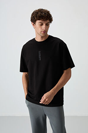 Siyah Pamuklu Kalın Yüzeyi Dokulu Oversize Fit  Baskılı Erkek T-Shirt - 88368