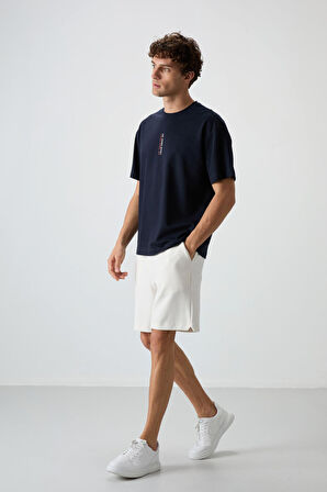 Lacivert Pamuklu Kalın Yüzeyi Dokulu Oversize Fit  Baskılı Erkek T-Shirt - 88368