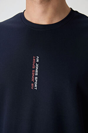 Lacivert Pamuklu Kalın Yüzeyi Dokulu Oversize Fit  Baskılı Erkek T-Shirt - 88368