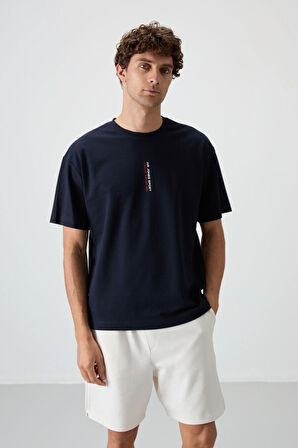Lacivert Pamuklu Kalın Yüzeyi Dokulu Oversize Fit  Baskılı Erkek T-Shirt - 88368