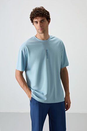 Açık Mavi Pamuklu Kalın Yüzeyi Dokulu Oversize Fit  Baskılı Erkek T-Shirt - 88368