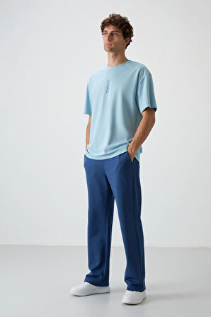 Açık Mavi Pamuklu Kalın Yüzeyi Dokulu Oversize Fit  Baskılı Erkek T-Shirt - 88368