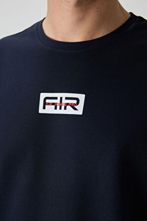 Lacivert Pamuklu Kalın Yüzeyi Dokulu Oversize Fit  Baskılı Erkek T-Shirt - 88367