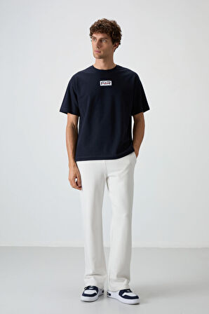 Lacivert Pamuklu Kalın Yüzeyi Dokulu Oversize Fit  Baskılı Erkek T-Shirt - 88367