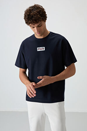 Lacivert Pamuklu Kalın Yüzeyi Dokulu Oversize Fit  Baskılı Erkek T-Shirt - 88367
