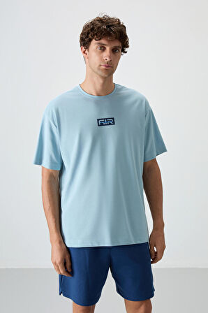 Açık Mavi Pamuklu Kalın Yüzeyi Dokulu Oversize Fit  Baskılı Erkek T-Shirt - 88367