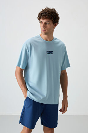 Açık Mavi Pamuklu Kalın Yüzeyi Dokulu Oversize Fit  Baskılı Erkek T-Shirt - 88367