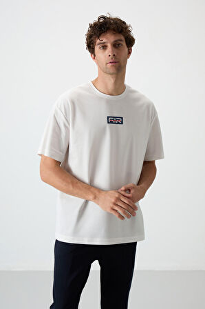 Ekru Pamuklu Kalın Yüzeyi Dokulu Oversize Fit  Baskılı Erkek T-Shirt - 88367 | XXL