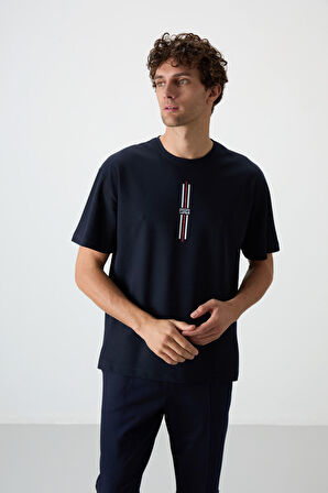 Lacivert Pamuklu Kalın Yüzeyi Dokulu Oversize Fit  Baskılı Erkek T-Shirt - 88366 | XL