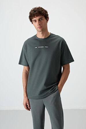 Haki Pamuklu Kalın Yüzeyi Dokulu Oversize Fit  Baskılı Erkek T-Shirt - 88365