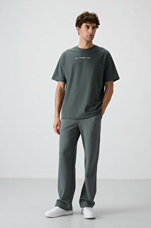 Haki Pamuklu Kalın Yüzeyi Dokulu Oversize Fit  Baskılı Erkek T-Shirt - 88365