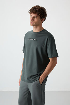 Haki Pamuklu Kalın Yüzeyi Dokulu Oversize Fit  Baskılı Erkek T-Shirt - 88365