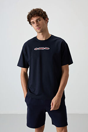 Lacivert Pamuklu Kalın Yüzeyi Dokulu Oversize Fit  Baskılı Erkek T-Shirt - 88365