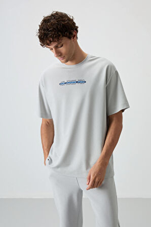 Taş Pamuklu Kalın Yüzeyi Dokulu Oversize Fit  Baskılı Erkek T-Shirt - 88365