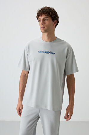 Taş Pamuklu Kalın Yüzeyi Dokulu Oversize Fit  Baskılı Erkek T-Shirt - 88365