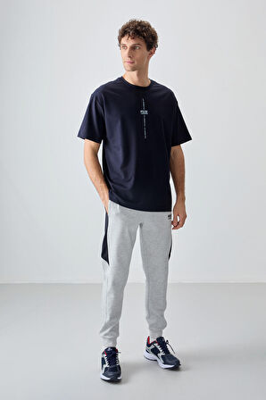 Lacivert Pamuklu Kalın Yumuşak Dokulu Oversize Fit Baskılı Erkek T-Shirt - 88373