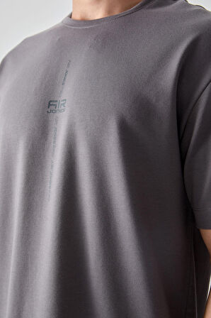 Koyu Gri Pamuklu Kalın Yumuşak Dokulu Oversize Fit Baskılı Erkek T-Shirt - 88373