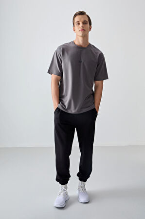 Koyu Gri Pamuklu Kalın Yumuşak Dokulu Oversize Fit Baskılı Erkek T-Shirt - 88373