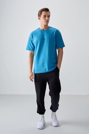 Petrol Mavi Pamuklu Kalın Yumuşak Dokulu Oversize Fit Baskılı Erkek T-Shirt - 88373