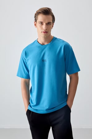 Petrol Mavi Pamuklu Kalın Yumuşak Dokulu Oversize Fit Baskılı Erkek T-Shirt - 88373