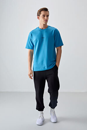 Petrol Mavi Pamuklu Kalın Yumuşak Dokulu Oversize Fit Baskılı Erkek T-Shirt - 88373