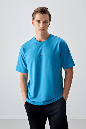 Petrol Mavi Pamuklu Kalın Yumuşak Dokulu Oversize Fit Baskılı Erkek T-Shirt - 88373