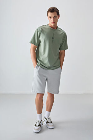 Açık Yeşil Pamuklu Kalın Yumuşak Dokulu Oversize Fit Baskılı Erkek T-Shirt - 88373