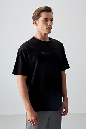Siyah Pamuklu Kalın Yumuşak Dokulu Oversize Fit Baskılı Erkek T-Shirt - 88374