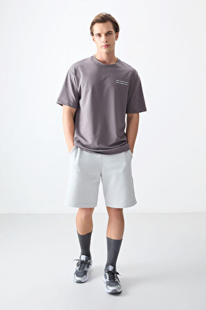 Koyu Gri Pamuklu Kalın Yumuşak Dokulu Oversize Fit Baskılı Erkek T-Shirt - 88375