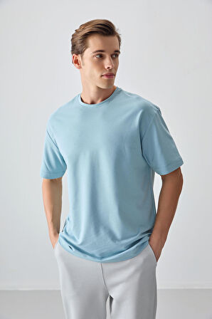 Açık Mavi Pamuklu Kalın Yumuşak Dokulu Oversize Fit Basic Erkek T- Shirt - 88377 | L