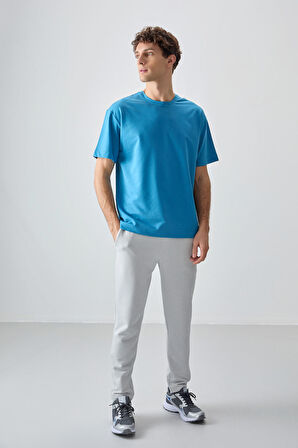 Petrol Mavi Pamuklu Kalın Yumuşak Dokulu Oversize Fit Basic Erkek T- Shirt - 88377 | XXL