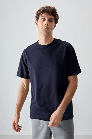 Lacivert Pamuklu Kalın Yumuşak Dokulu Oversize Fit Basic Erkek T-Shirt - 88378