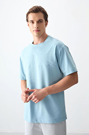 Açık Mavi Pamuklu Kalın Yumuşak Dokulu Oversize Fit Basic Erkek T-Shirt - 88378