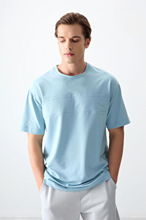 Açık Mavi Pamuklu Kalın Yumuşak Dokulu Oversize Fit Basic Erkek T-Shirt - 88378