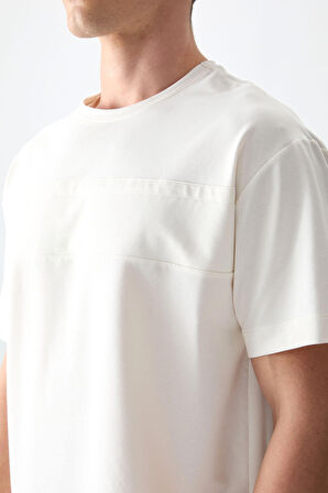 Ekru Pamuklu Kalın Yumuşak Dokulu Oversize Fit Basic Erkek T-Shirt - 88378